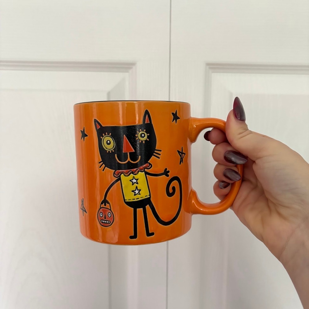 Spectrum Designz Halloween Black Cat Orange Ceramic Mug 2025 Star Folk Art